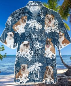 English Bulldo In Tropical Plants Pattern Blue And White Hawaiian Shirt Aloha Shirt For Men Women