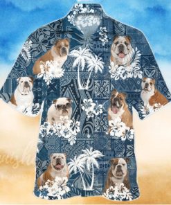 English Bulldo In Tropical Plants Pattern Blue And White Hawaiian Shirt Aloha Shirt For Men Women