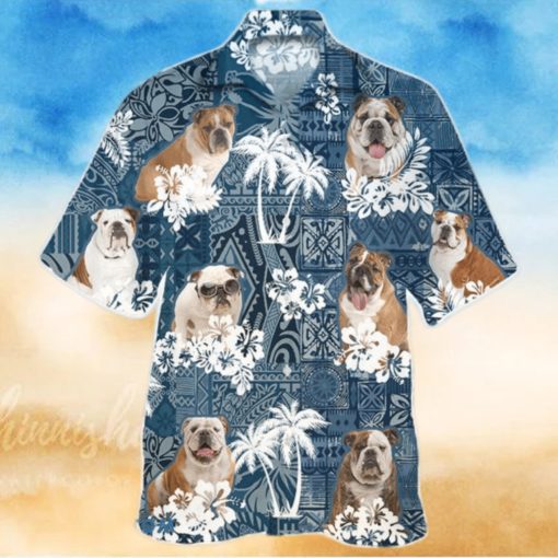 English Bulldo In Tropical Plants Pattern Blue And White Hawaiian Shirt Aloha Shirt For Men Women