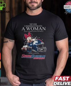 Never Underestimate A Woman Who Understands Football And Loves South Alabama Jaguars x Minnie Mouse T Shirt