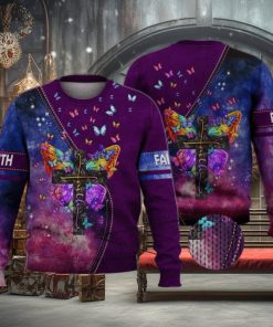 Faith Cross Floral Purple Butterfly Starry Galaxy 3D Full Print Ugly Sweater Christmas Gift Sweater
