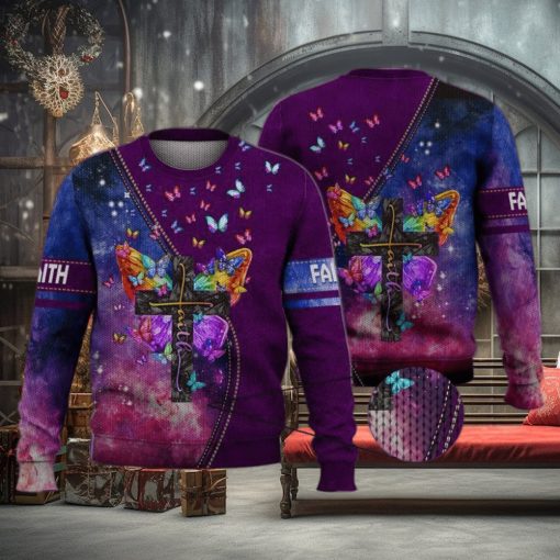 Faith Cross Floral Purple Butterfly Starry Galaxy 3D Full Print Ugly Sweater Christmas Gift Sweater