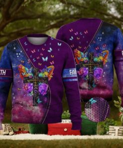 Faith Cross Floral Purple Butterfly Starry Galaxy 3D Full Print Ugly Sweater Christmas Gift Sweater
