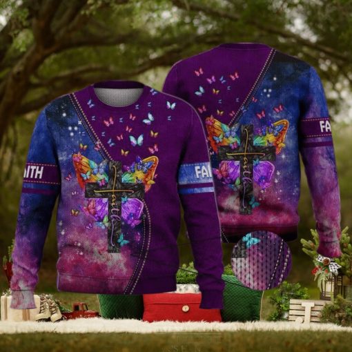 Faith Cross Floral Purple Butterfly Starry Galaxy 3D Full Print Ugly Sweater Christmas Gift Sweater