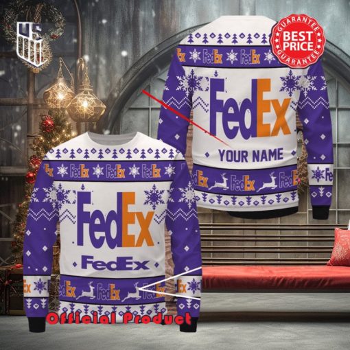 Fedex Custom Name White Design Logo Snowflake Ugly Christmas Sweater