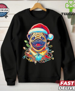 Festive Pug With Santa Hat And Christmas 2024 Lights Cute Shirt
