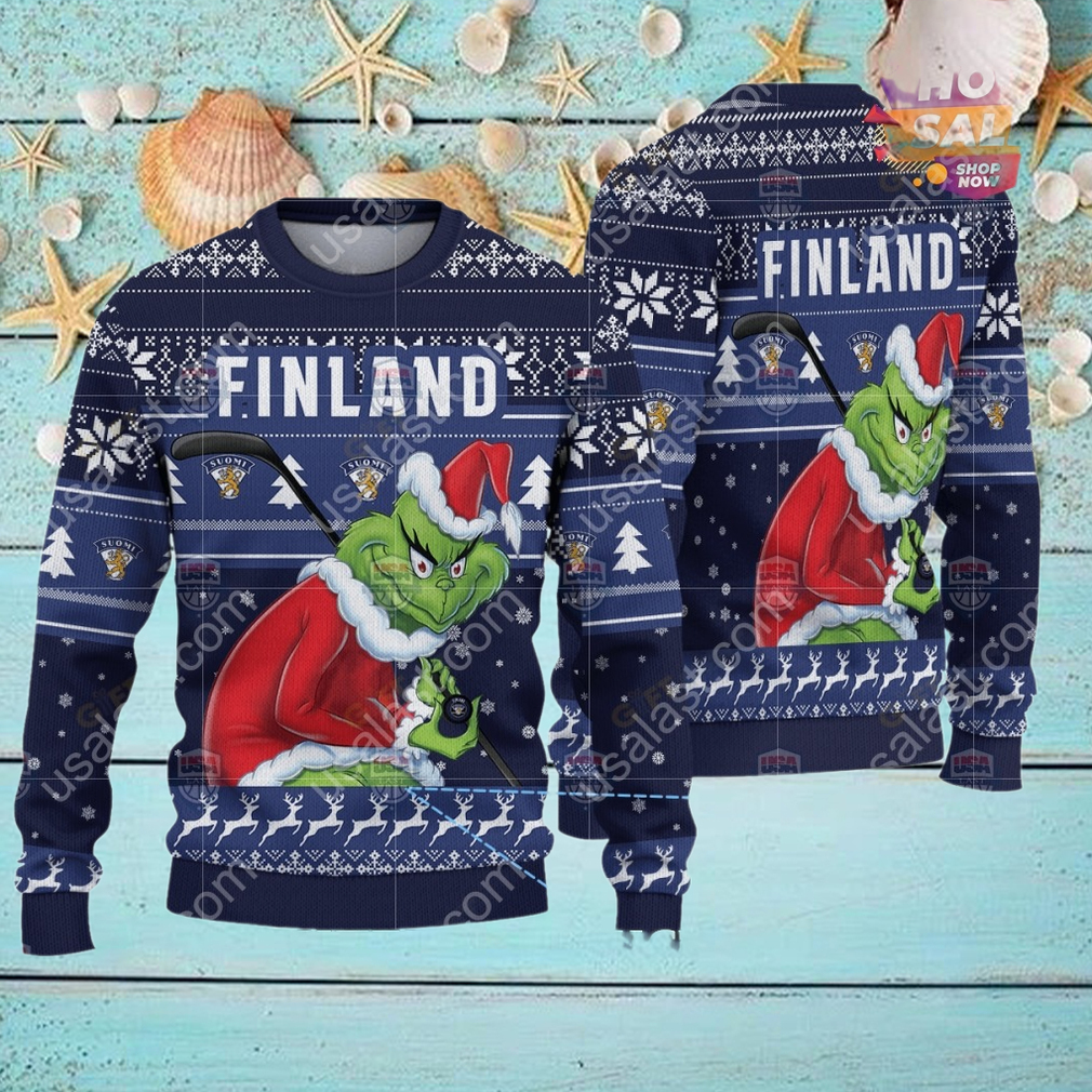 Finland Ice Hockey Team Grinch Hockey Stick Ugly Christmas Sweater Finland Ice Hockey Team Grinch Hockey Stick Ugly Christmas Sweater