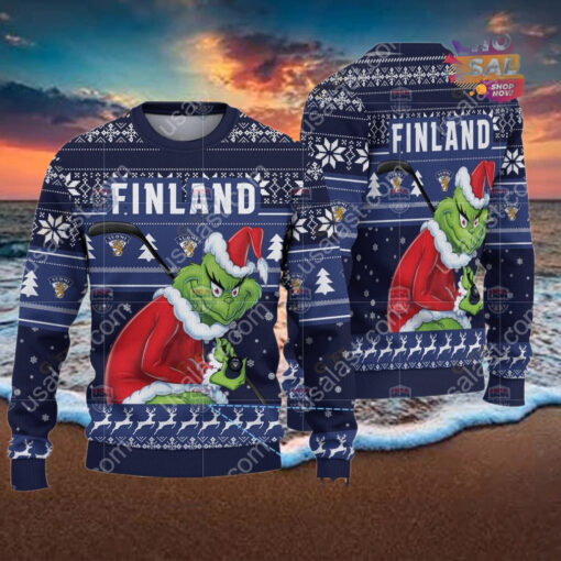 Finland Ice Hockey Team Grinch Hockey Stick Ugly Christmas Sweater