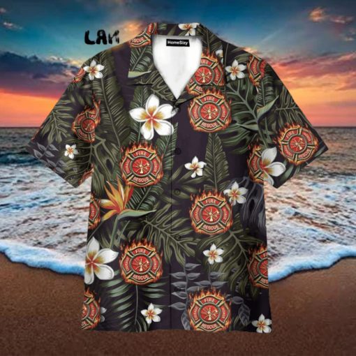 Firefighter Tropical Leaves Pattern Hawaiian Shirt