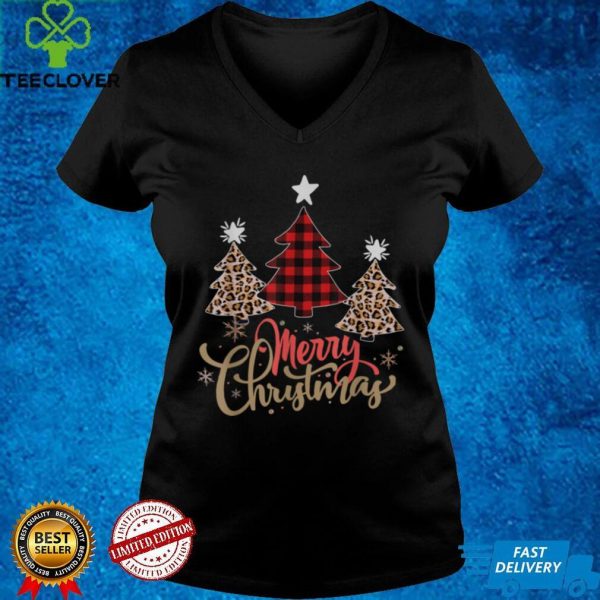 Women Leopard Plaid Christmas Tree Merry Christmas T Shirt