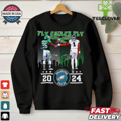 Fly Eagles Fly 2024 Eagles Saquon Barkley and Jalen Hurts skyline shirt
