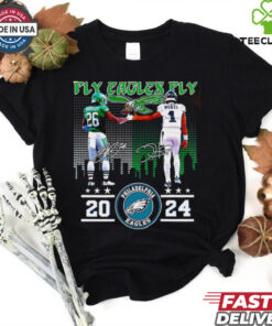 Fly Eagles Fly 2024 Eagles Saquon Barkley and Jalen Hurts skyline shirt