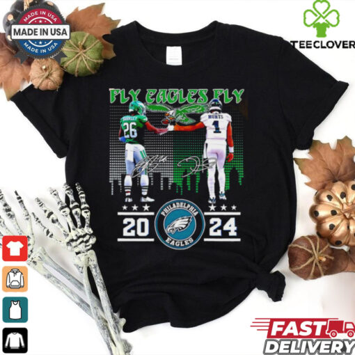 Fly Eagles Fly 2024 Eagles Saquon Barkley and Jalen Hurts skyline shirt