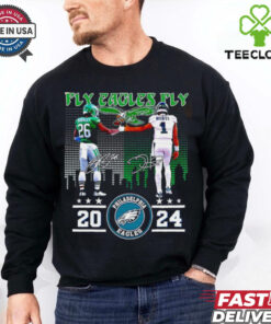 Fly Eagles Fly 2024 Eagles Saquon Barkley and Jalen Hurts skyline shirt