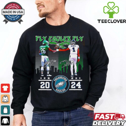 Fly Eagles Fly 2024 Eagles Saquon Barkley and Jalen Hurts skyline shirt