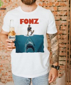 Fonz surfing sharks below shirt