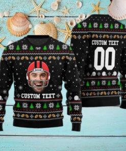 Football Face And Text Christmas Sweater, Funny Football Xmas Sweater, Personalized Photo Ugly Sweater