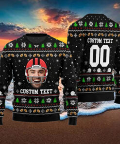 Football Face And Text Christmas Sweater, Funny Football Xmas Sweater, Personalized Photo Ugly Sweater