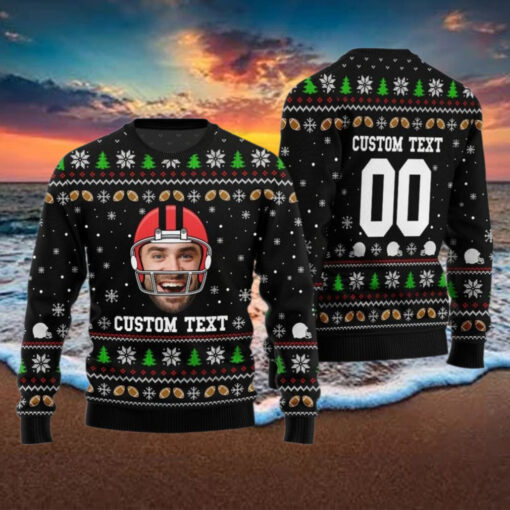Football Face And Text Christmas Sweater, Funny Football Xmas Sweater, Personalized Photo Ugly Sweater