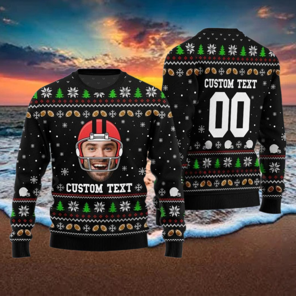 Football Face And Text Christmas Sweater, Funny Football Xmas Sweater, Personalized Photo Ugly Sweater Football Face And Text Christmas Sweater, Funny Football Xmas Sweater, Personalized Photo Ugly Sweater