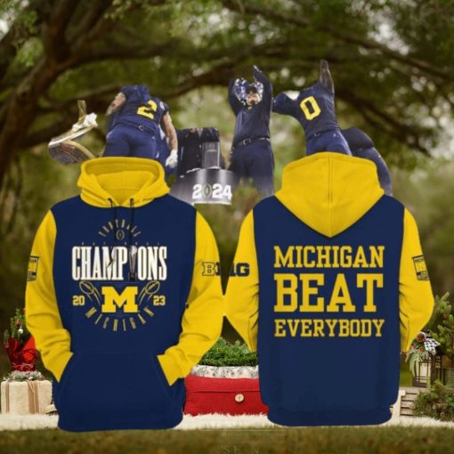 Football National Champions Michigan Beat Everybody 2023 Blue Yellow Design 3D Hoodie