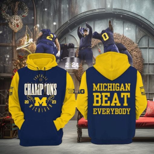 Football National Champions Michigan Beat Everybody 2023 Blue Yellow Design 3D Hoodie