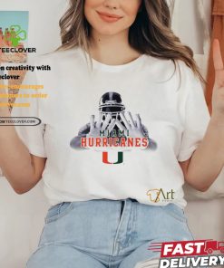 Football player garb Miami Hurricanes logo shirt