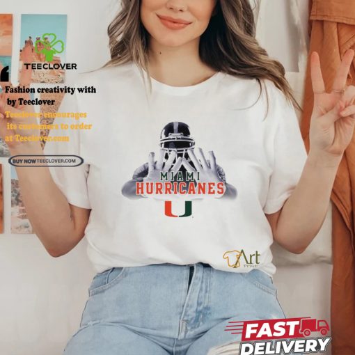Football player garb Miami Hurricanes logo shirt