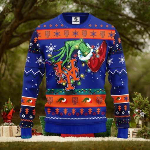 For MLB Fans New York Mets Grinch Hand Funny Christmas Gift Men And Women Ugly Christmas Sweater