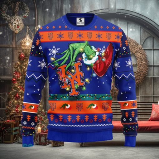 For MLB Fans New York Mets Grinch Hand Funny Christmas Gift Men And Women Ugly Christmas Sweater
