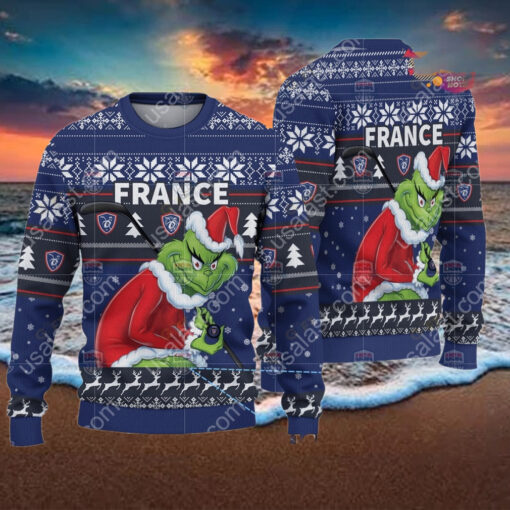 France Ice Hockey Team Grinch Hockey Stick Ugly Christmas Sweater