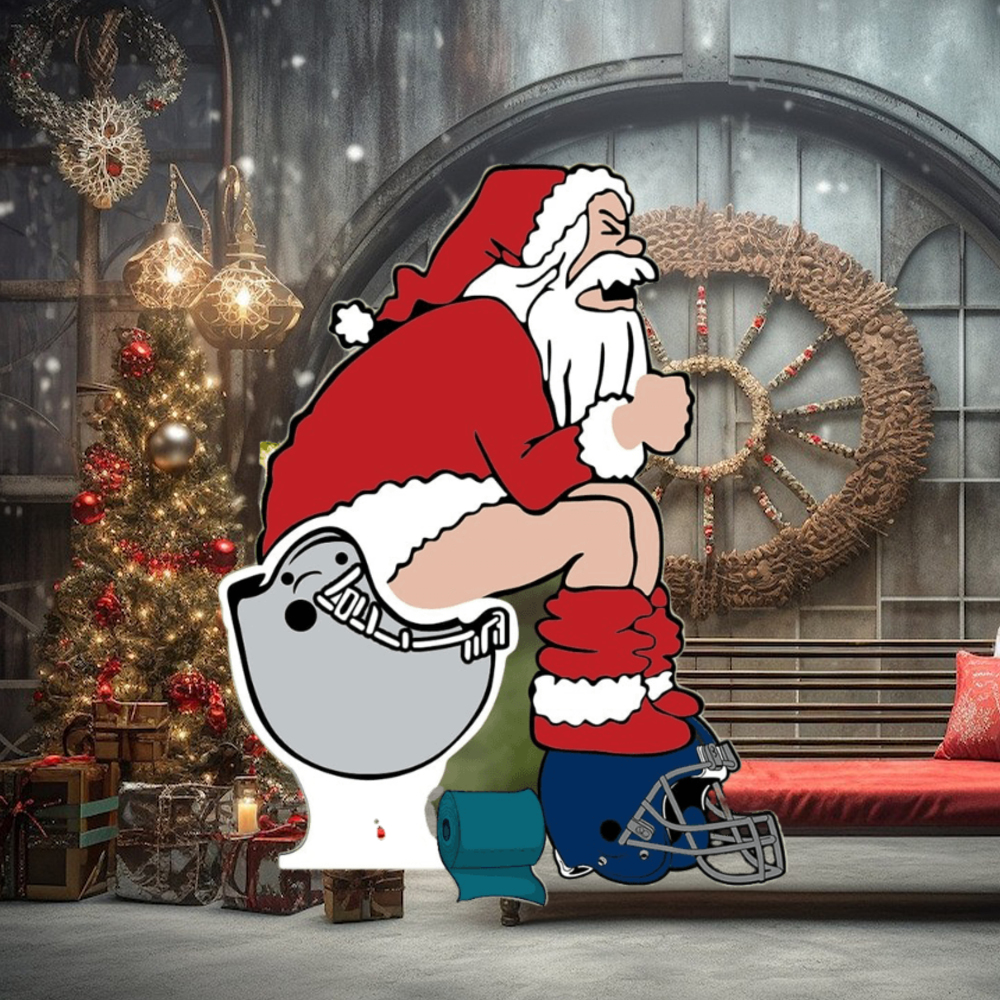 Funny American Football Santa On Toilet Ornament With Custom Football Team Logo For Football Fans Funny American Football Santa On Toilet Ornament With Custom Football Team Logo For Football Fans