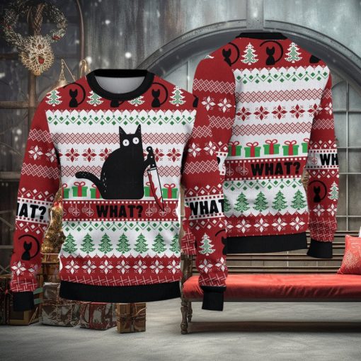 Funny Black Cat Christmas Gift For Holiday Black Cat What 3D Ugly Christmas Sweater