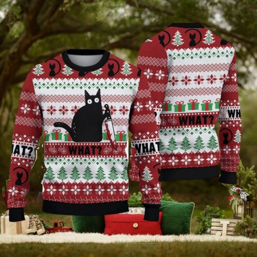 Funny Black Cat Christmas Gift For Holiday Black Cat What 3D Ugly Christmas Sweater