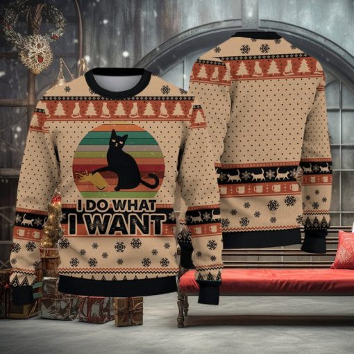 Funny Black Cat I Do What I Want Christmas Gift For Holiday Black Cat What 3D Ugly Christmas Sweater