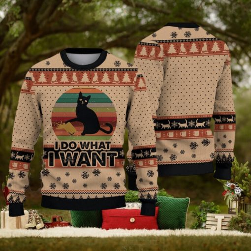 Funny Black Cat I Do What I Want Christmas Gift For Holiday Black Cat What 3D Ugly Christmas Sweater