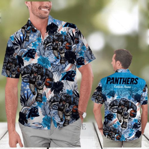 Funny Carolina Panthers Tropical Floral America Flag Custom Name Personalized Men Women Aloha Hawaiian Shirt Short For Football Lovers