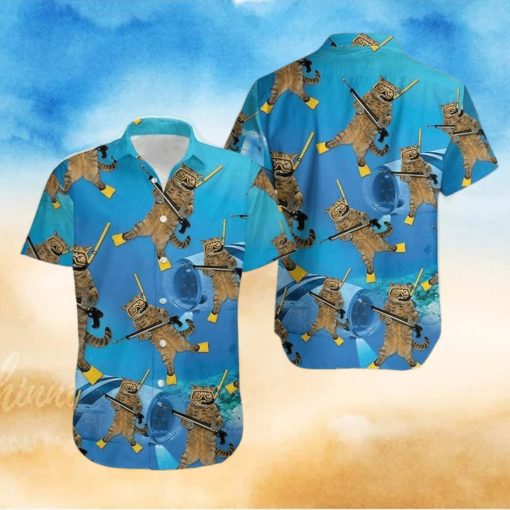 Funny Cat Diving Blue Ocean Hawaiian Shirt