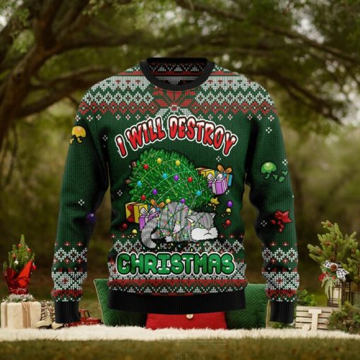 Funny Cat I Will Destroy Ugly Christmas Sweater Gift Men Women