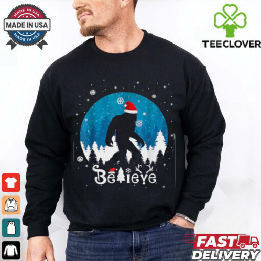 Funny Christmas Xmas Bigfoot Believe Sasquatch In Moon Light T Shirt Recovered