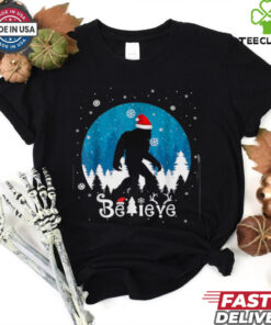Funny Christmas Xmas Bigfoot Believe Sasquatch In Moon Light T Shirt Recovered