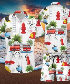 Funny Firefighter Shirts Firefighter With Dog On Vacation White Hawaiian Shirt & Short For Men And Women