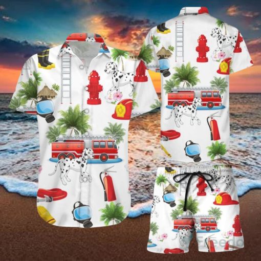 Funny Firefighter Shirts Firefighter With Dog On Vacation White Hawaiian Shirt & Short For Men And Women