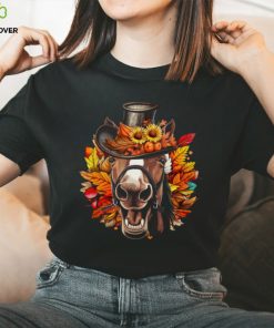 Funny Horse Face With Full Of Leaves Hat Autumn T Shirt