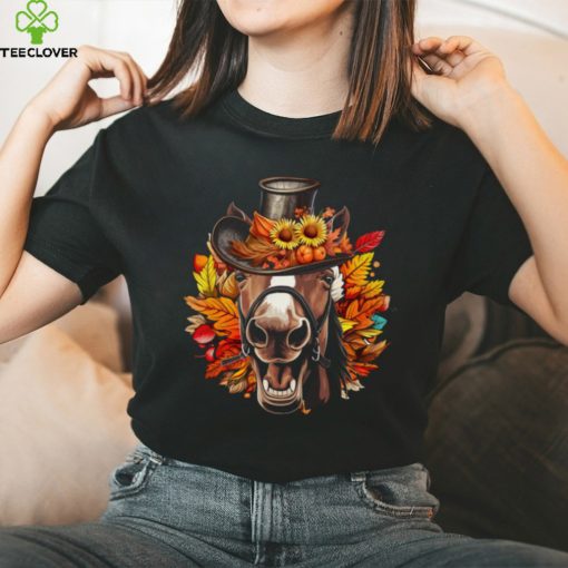 Funny Horse Face With Full Of Leaves Hat Autumn T Shirt
