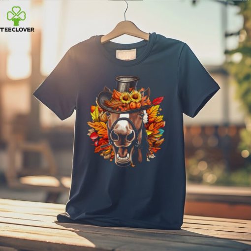 Funny Horse Face With Full Of Leaves Hat Autumn T Shirt
