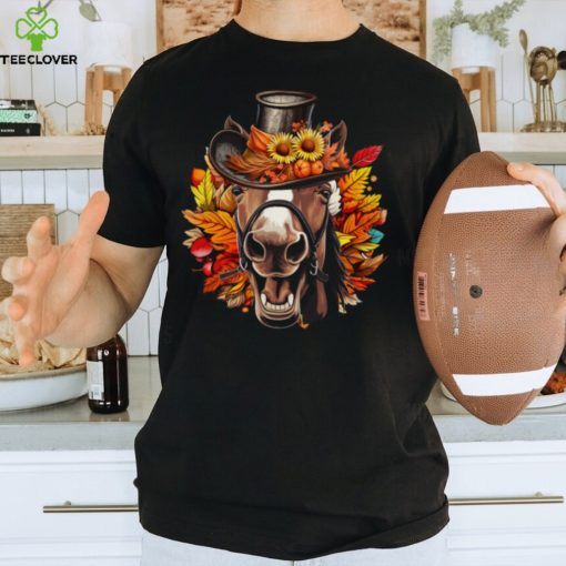 Funny Horse Face With Full Of Leaves Hat Autumn T Shirt