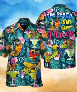 Funny Parrot Drinking Cocktails The Beach Is My Happy Place Palm Leaves Pattern Hawaiian Shirt