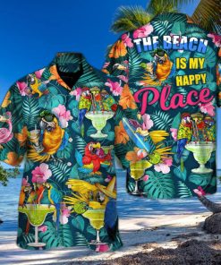 Funny Parrot Drinking Cocktails The Beach Is My Happy Place Palm Leaves Pattern Hawaiian Shirt