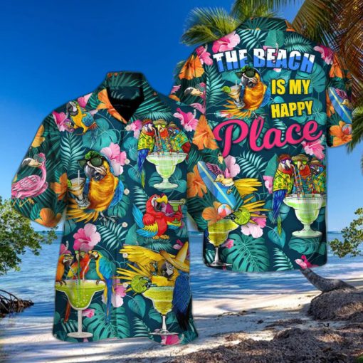 Funny Parrot Drinking Cocktails The Beach Is My Happy Place Palm Leaves Pattern Hawaiian Shirt
